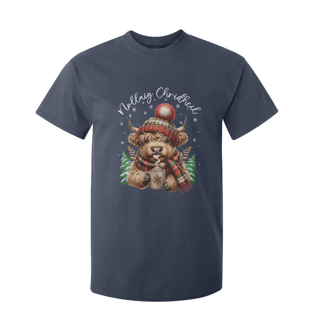 Scottish Christmas T Shirt For Kid Nollaig Chridheil Gaelic Xmas Higland Cow TS11 Navy Print Your Wear