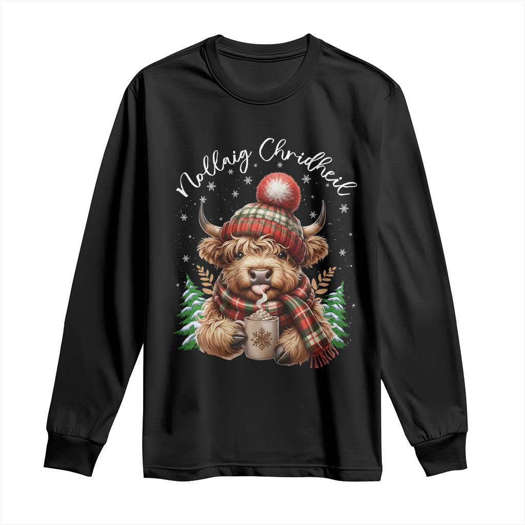 Scottish Christmas Long Sleeve Shirt Nollaig Chridheil Gaelic Xmas Higland Cow TS11 Black Print Your Wear