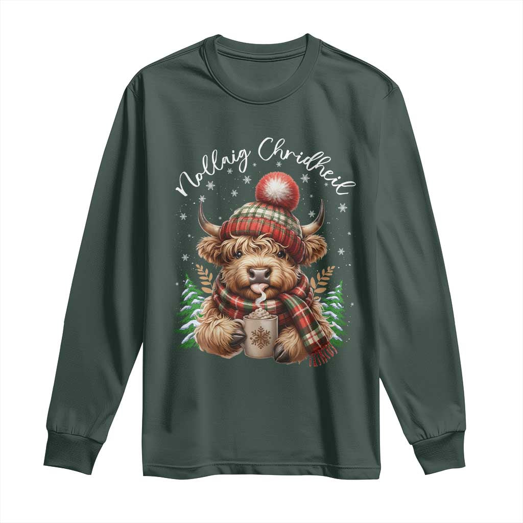 Scottish Christmas Long Sleeve Shirt Nollaig Chridheil Gaelic Xmas Higland Cow TS11 Dark Forest Green Print Your Wear