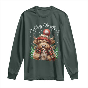 Scottish Christmas Long Sleeve Shirt Nollaig Chridheil Gaelic Xmas Higland Cow TS11 Dark Forest Green Print Your Wear