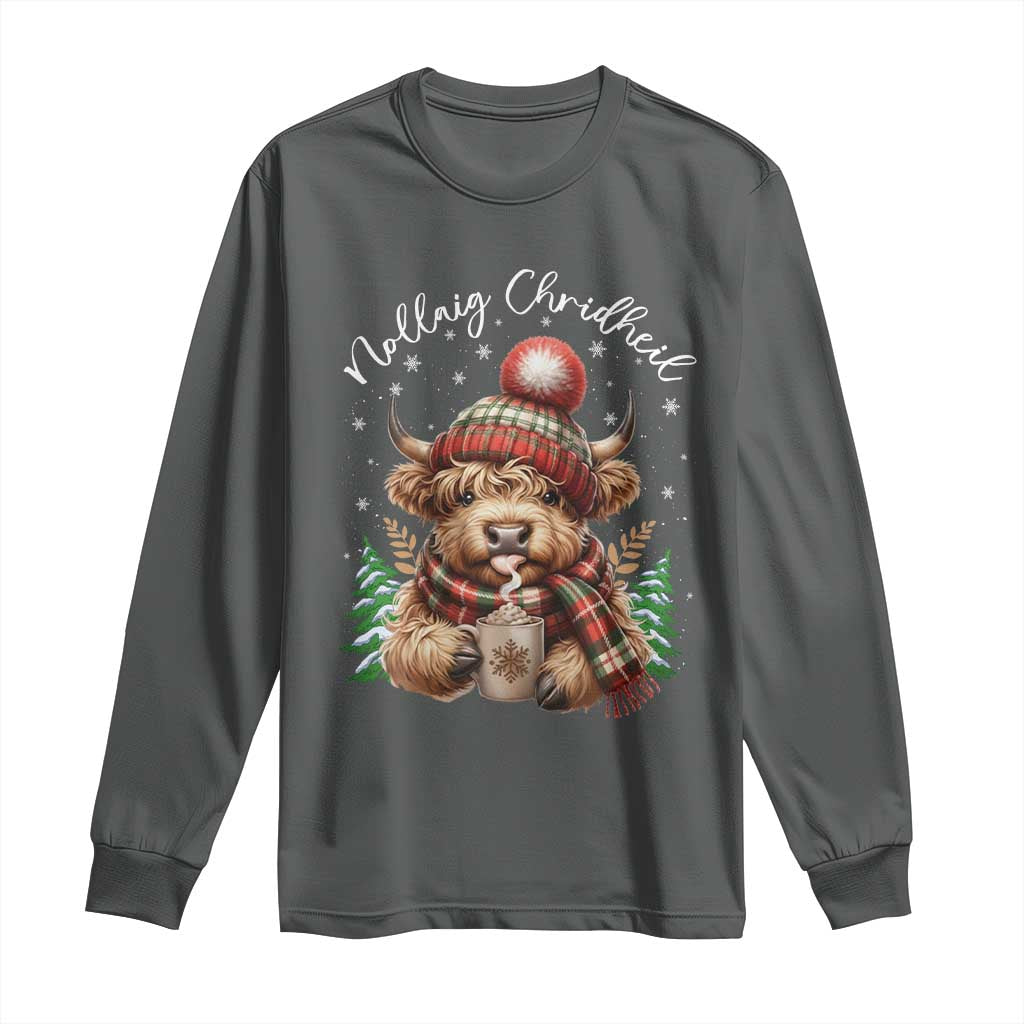 Scottish Christmas Long Sleeve Shirt Nollaig Chridheil Gaelic Xmas Higland Cow TS11 Dark Heather Print Your Wear