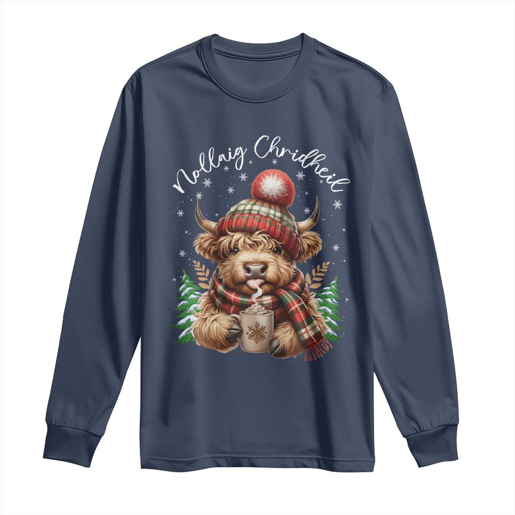 Scottish Christmas Long Sleeve Shirt Nollaig Chridheil Gaelic Xmas Higland Cow TS11 Navy Print Your Wear