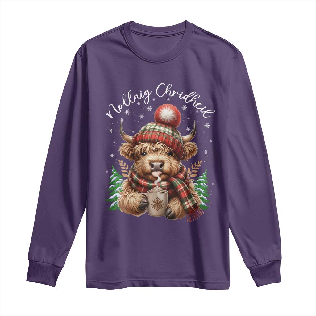 Scottish Christmas Long Sleeve Shirt Nollaig Chridheil Gaelic Xmas Higland Cow TS11 Purple Print Your Wear