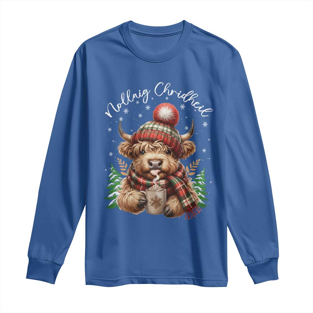 Scottish Christmas Long Sleeve Shirt Nollaig Chridheil Gaelic Xmas Higland Cow TS11 Royal Blue Print Your Wear