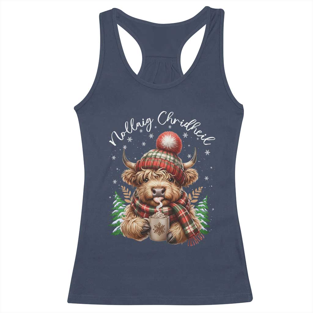 Scottish Christmas Racerback Tank Top Nollaig Chridheil Gaelic Xmas Higland Cow TS11 Navy Print Your Wear