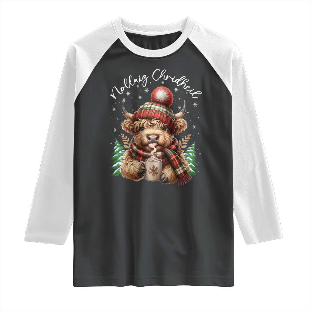 Scottish Christmas Raglan Shirt Nollaig Chridheil Gaelic Xmas Higland Cow TS11 Black White Print Your Wear
