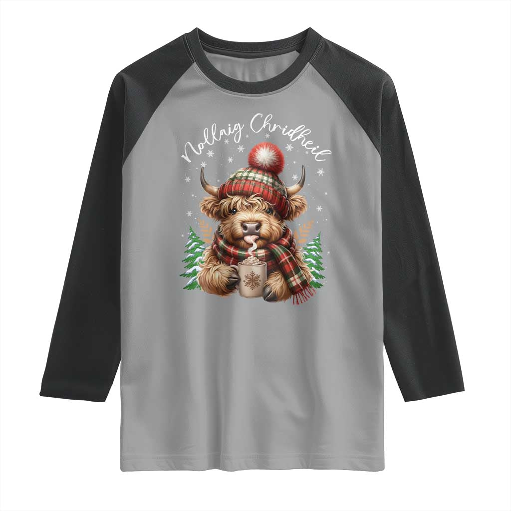Scottish Christmas Raglan Shirt Nollaig Chridheil Gaelic Xmas Higland Cow TS11 Sport Gray Black Print Your Wear
