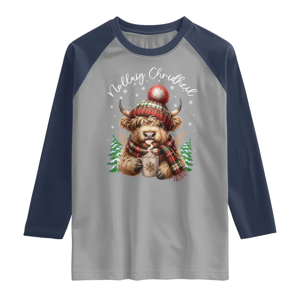 Scottish Christmas Raglan Shirt Nollaig Chridheil Gaelic Xmas Higland Cow TS11 Sport Gray Navy Print Your Wear