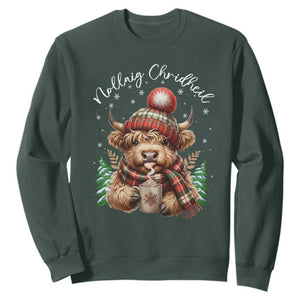 Scottish Christmas Sweatshirt Nollaig Chridheil Gaelic Xmas Higland Cow TS11 Dark Forest Green Print Your Wear