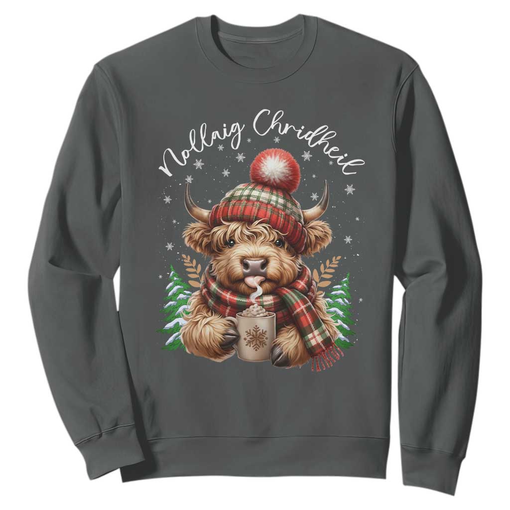 Scottish Christmas Sweatshirt Nollaig Chridheil Gaelic Xmas Higland Cow TS11 Dark Heather Print Your Wear