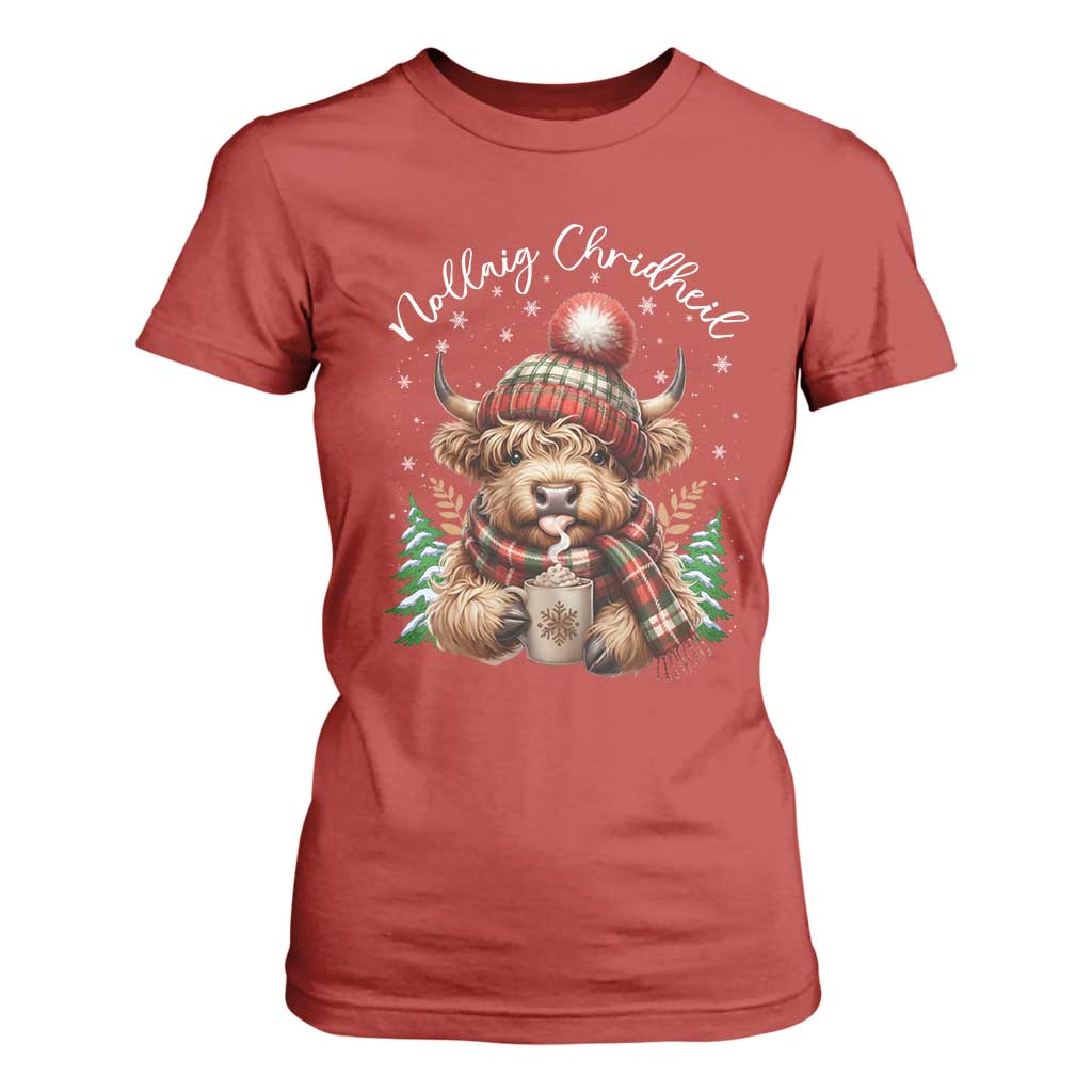 Scottish Christmas T Shirt For Women Nollaig Chridheil Gaelic Xmas Higland Cow TS11 Red Print Your Wear