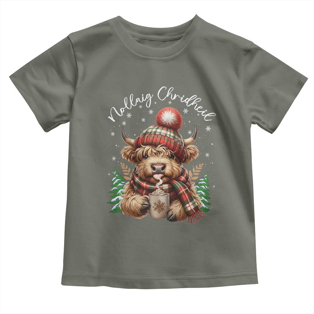 Scottish Christmas Toddler T Shirt Nollaig Chridheil Gaelic Xmas Higland Cow TS11 Military Green Print Your Wear