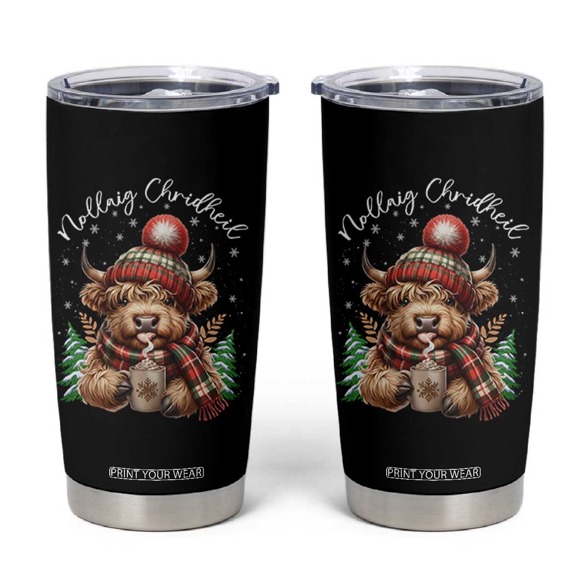 Scottish Christmas Tumbler Cup Nollaig Chridheil Gaelic Xmas Higland Cow TS11 Black Print Your Wear