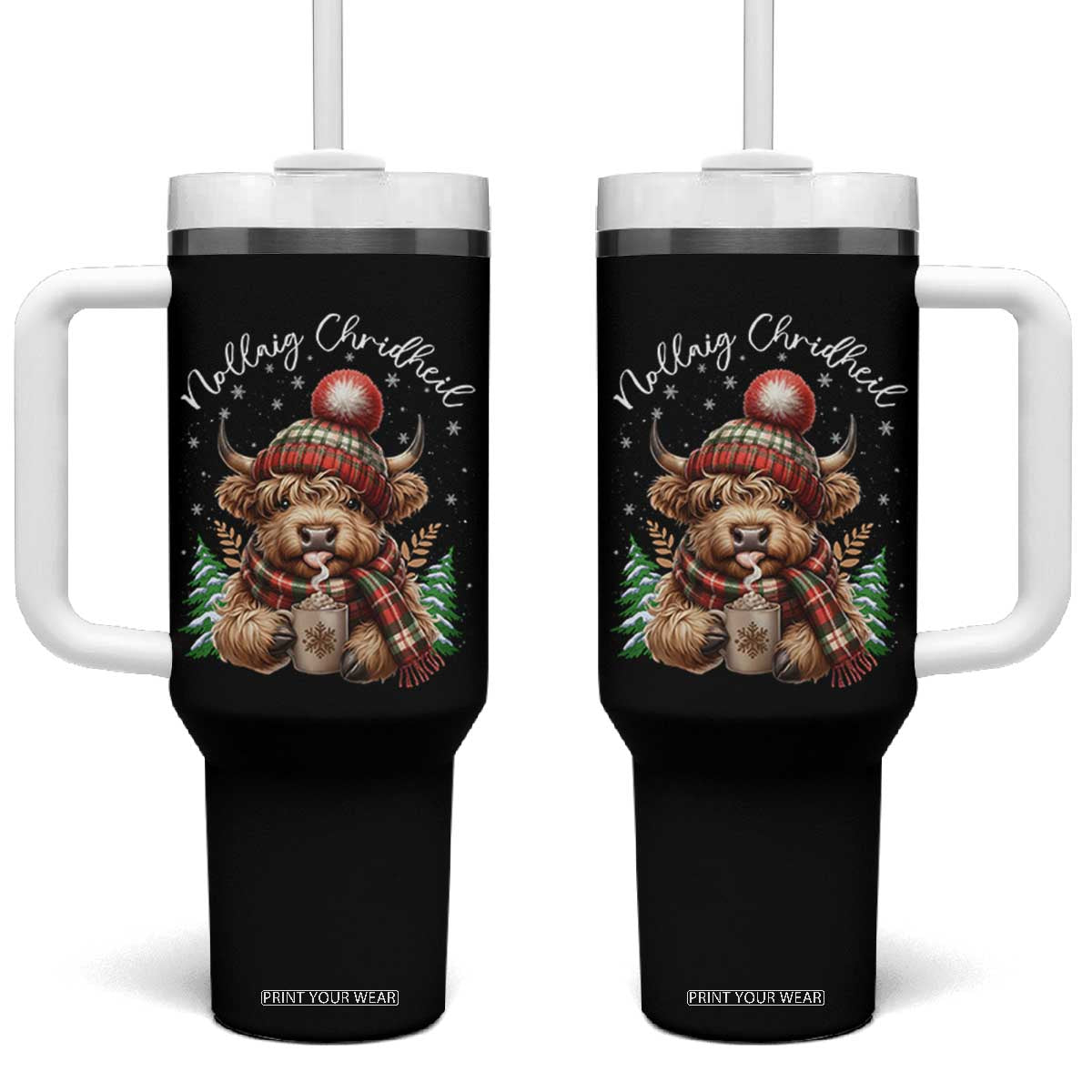 Scottish Christmas Tumbler With Handle Nollaig Chridheil Gaelic Xmas Higland Cow TS11 One Size: 40 oz Black Print Your Wear