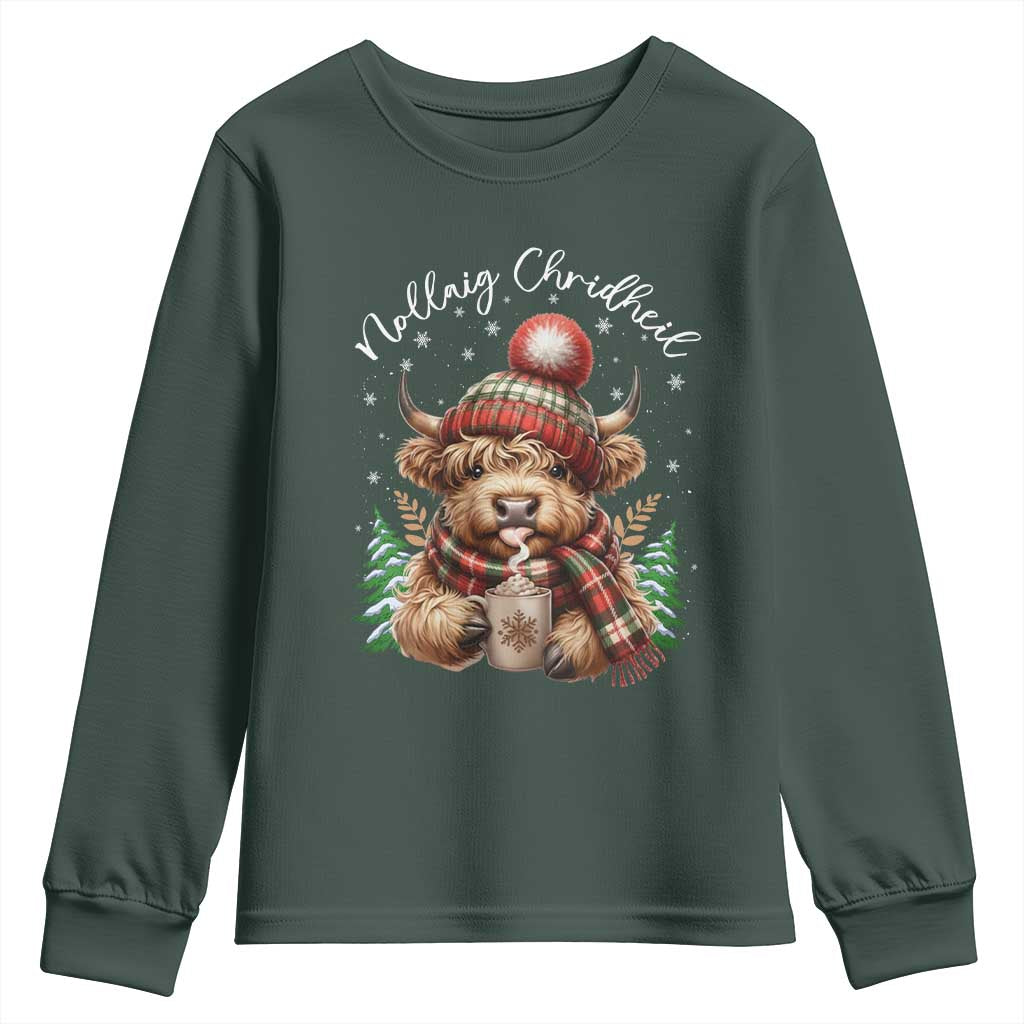 Scottish Christmas Youth Sweatshirt Nollaig Chridheil Gaelic Xmas Higland Cow TS11 Dark Forest Green Print Your Wear