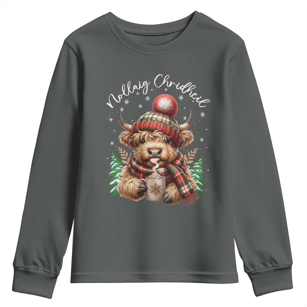 Scottish Christmas Youth Sweatshirt Nollaig Chridheil Gaelic Xmas Higland Cow TS11 Dark Heather Print Your Wear