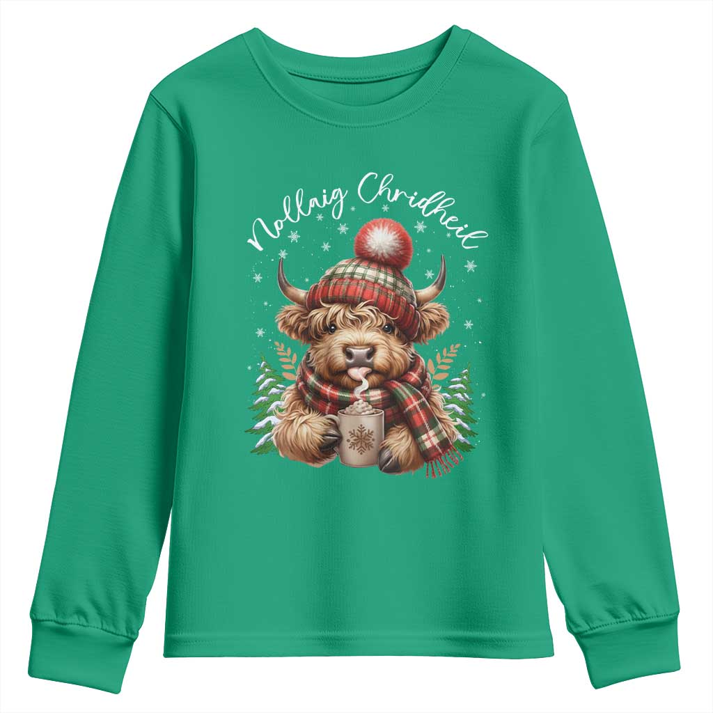 Scottish Christmas Youth Sweatshirt Nollaig Chridheil Gaelic Xmas Higland Cow TS11 Irish Green Print Your Wear