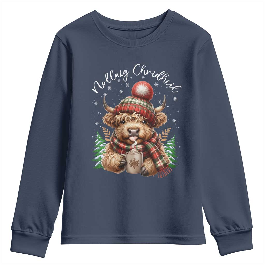 Scottish Christmas Youth Sweatshirt Nollaig Chridheil Gaelic Xmas Higland Cow TS11 Navy Print Your Wear