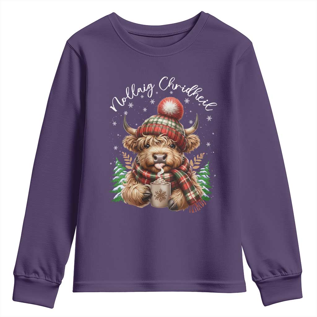Scottish Christmas Youth Sweatshirt Nollaig Chridheil Gaelic Xmas Higland Cow TS11 Purple Print Your Wear