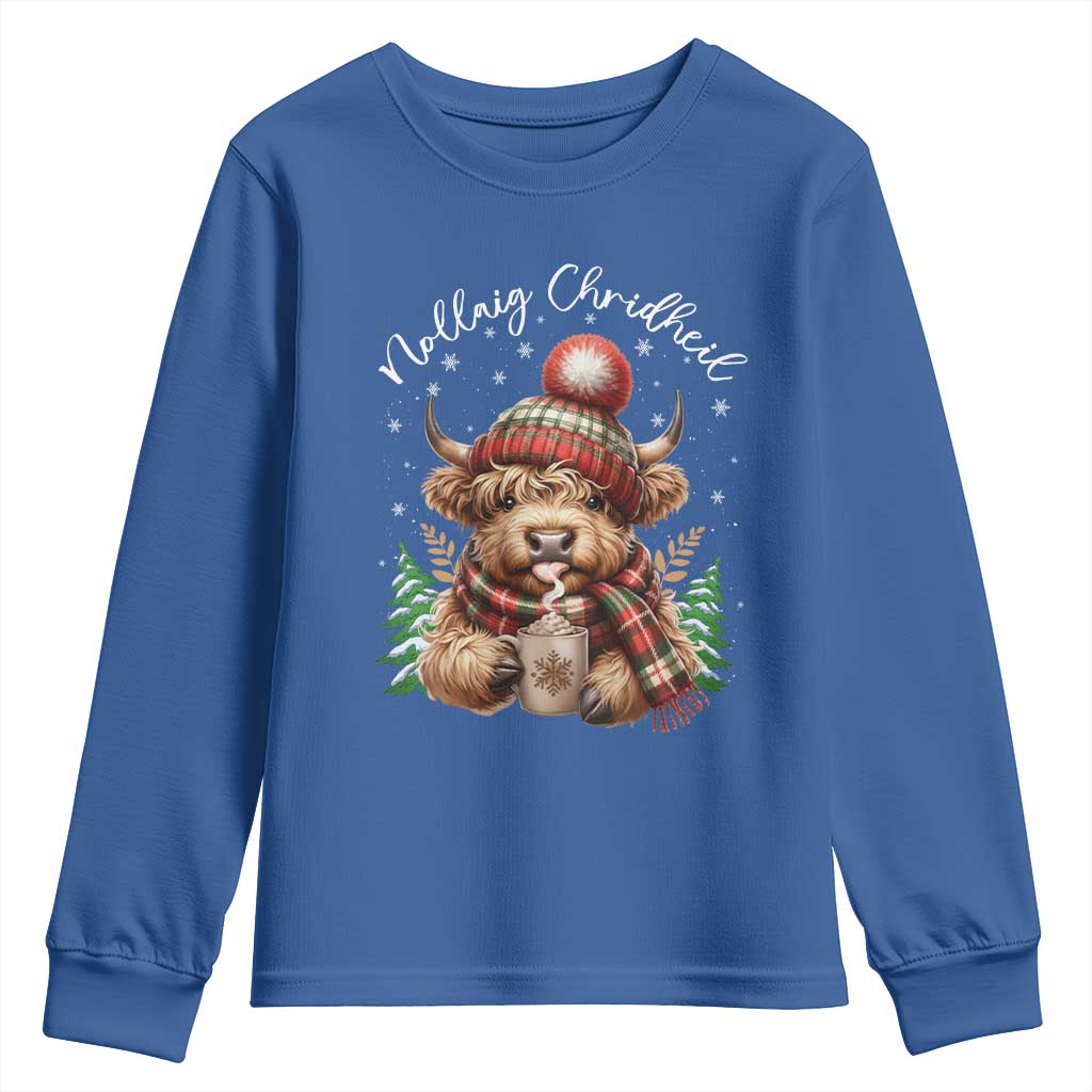 Scottish Christmas Youth Sweatshirt Nollaig Chridheil Gaelic Xmas Higland Cow TS11 Royal Blue Print Your Wear