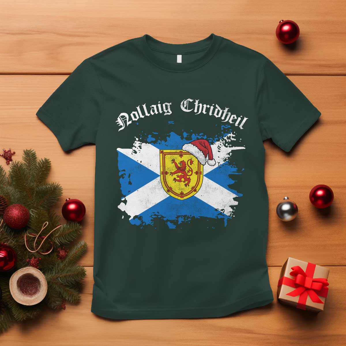 Scottish Christmas T Shirt Nollaig Chridheil Gaelic Xmas Scotland Lion Rampant TS11 Dark Forest Green Print Your Wear