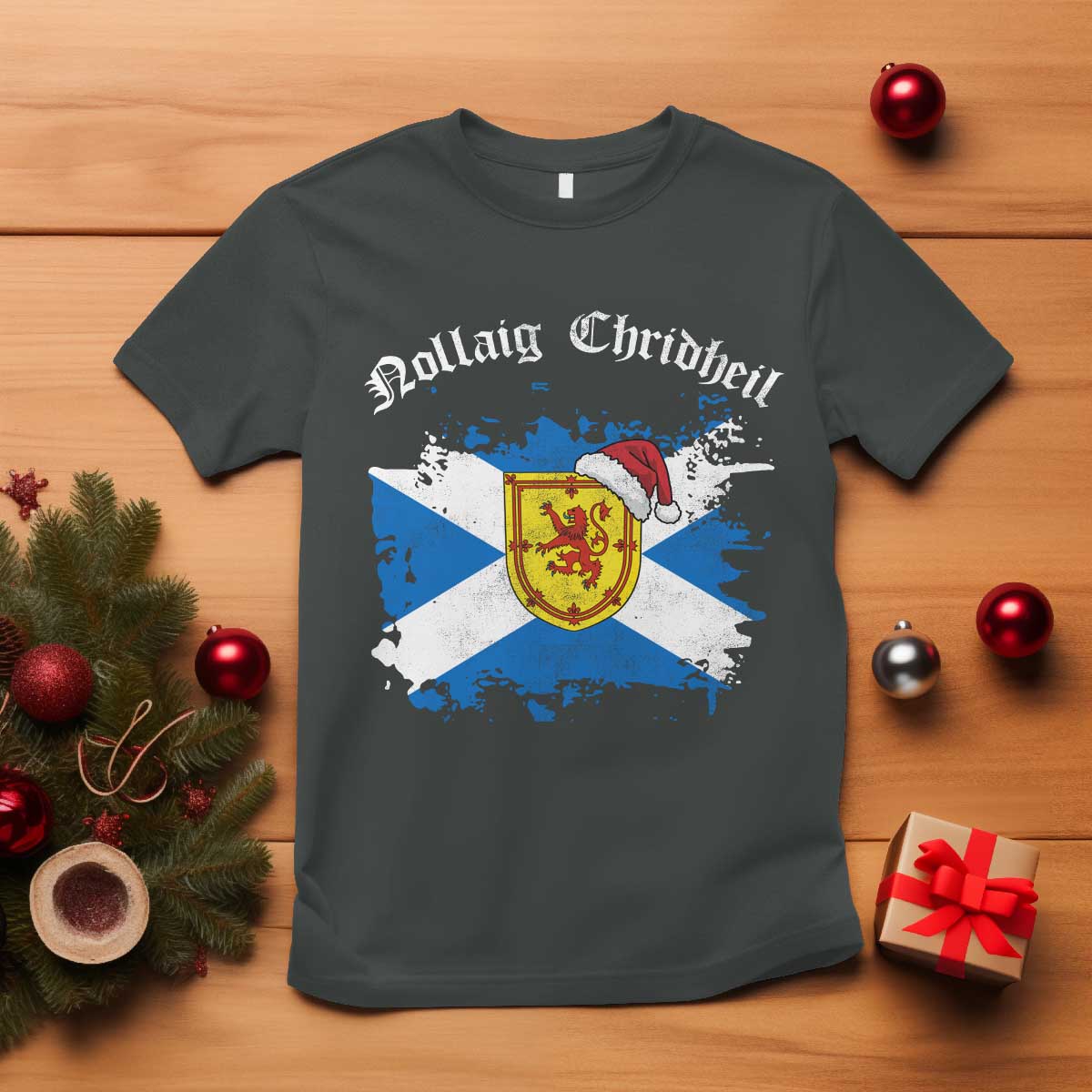 Scottish Christmas T Shirt Nollaig Chridheil Gaelic Xmas Scotland Lion Rampant TS11 Dark Heather Print Your Wear