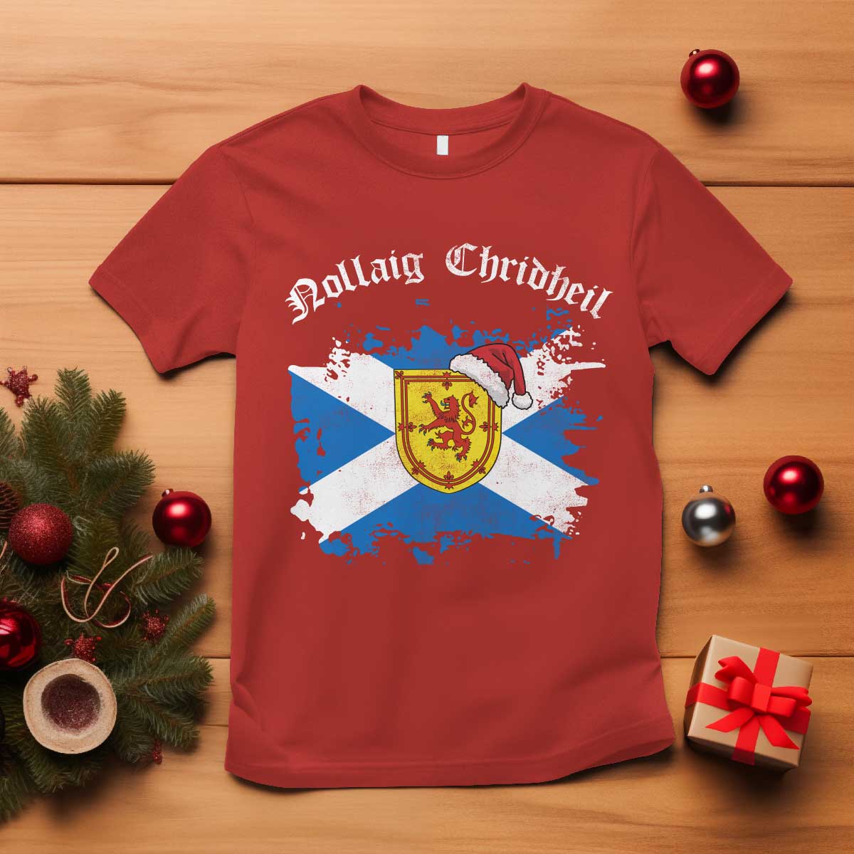 Scottish Christmas T Shirt Nollaig Chridheil Gaelic Xmas Scotland Lion Rampant TS11 Red Print Your Wear