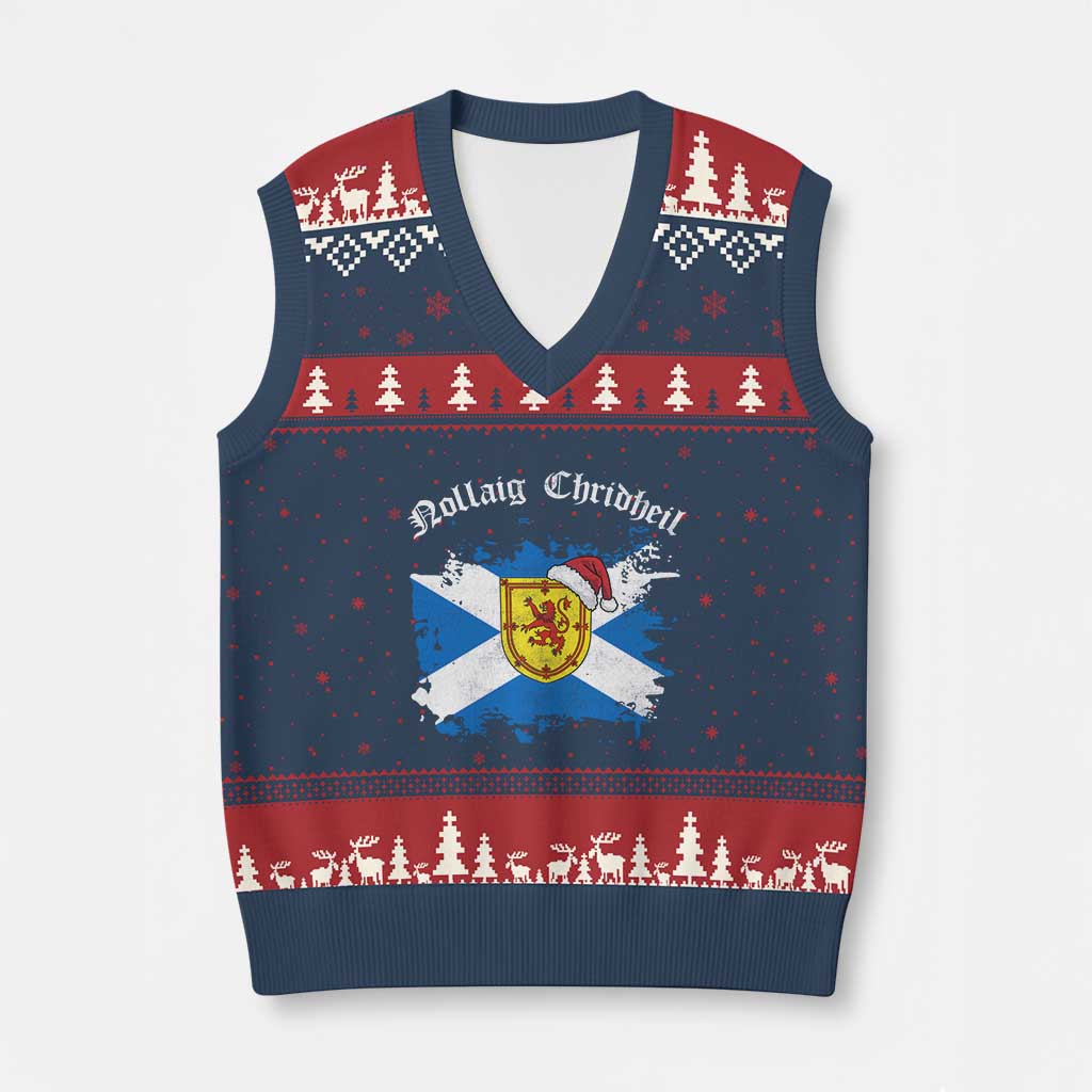 Scottish Xmas V-Neck Knit Sweater Vest Nollaig Chridheil Gaelic Xmas Scotland Lion Rampant TS11 Navy Red Print Your Wear