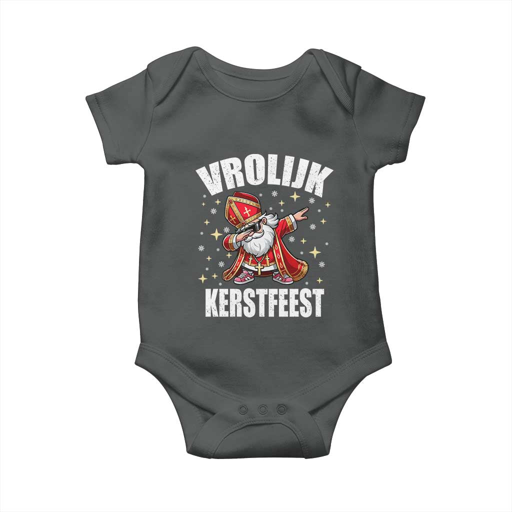 Dutch Christmas Baby Onesie Vrolijk Kerstfeest Dabiing Sinterklaas Santa TS11 Dark Heather Print Your Wear
