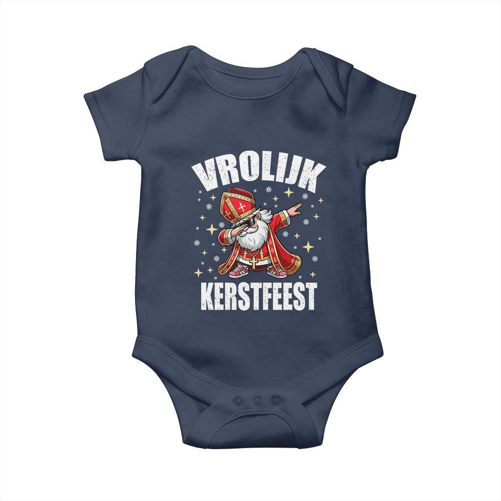 Dutch Christmas Baby Onesie Vrolijk Kerstfeest Dabiing Sinterklaas Santa TS11 Navy Print Your Wear