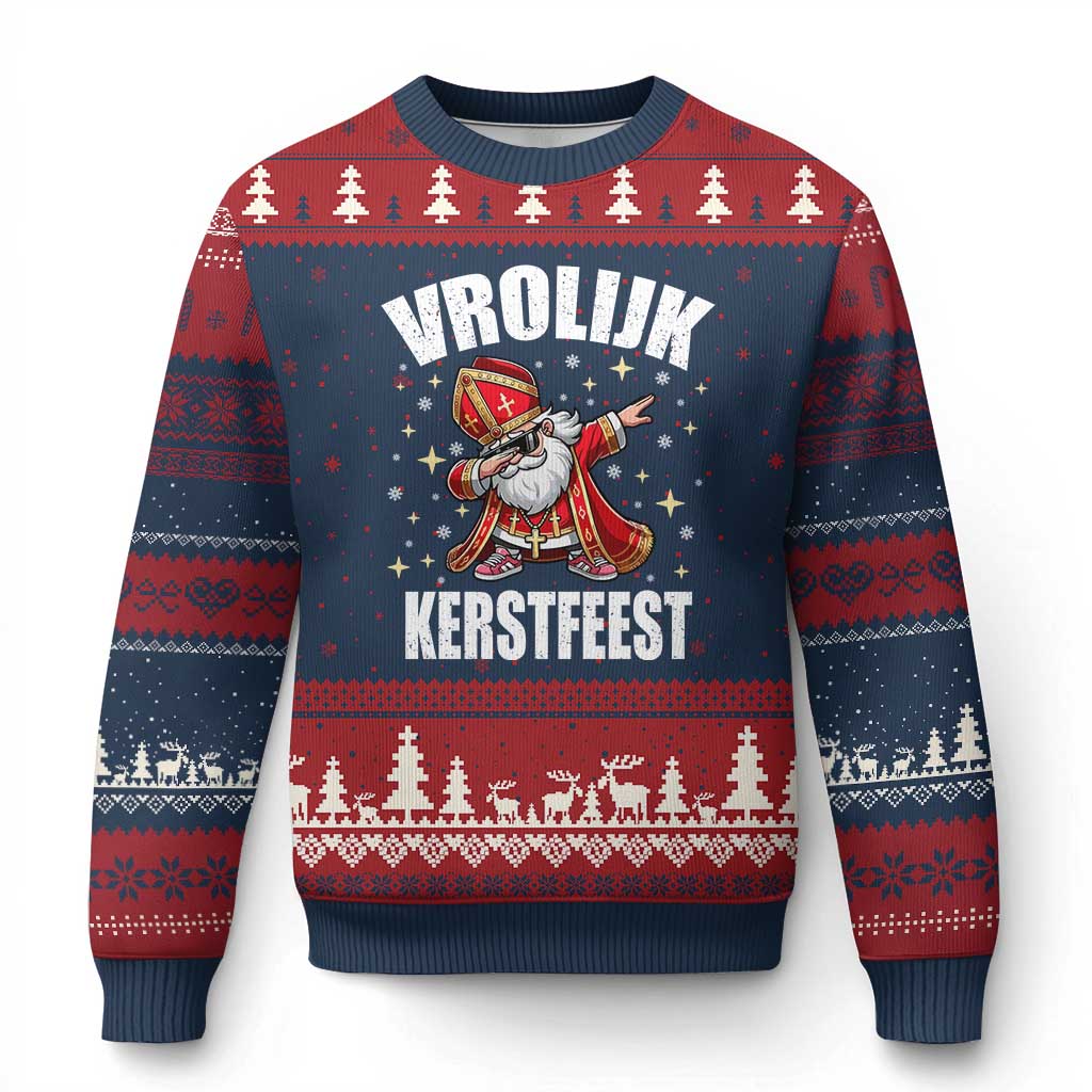 Dutch Xmas Ugly Christmas Sweater Vrolijk Kerstfeest Dabiing Sinterklaas Santa TS11 Navy Red Print Your Wear