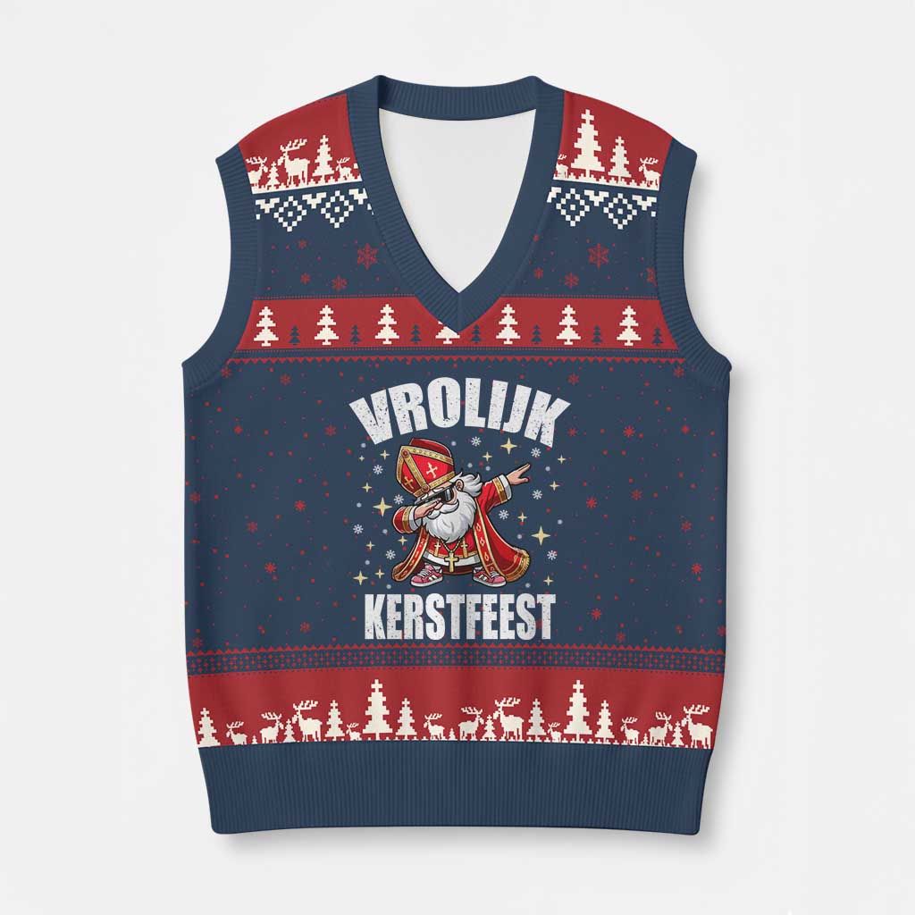 Dutch Xmas V-Neck Knit Sweater Vest Vrolijk Kerstfeest Dabiing Sinterklaas Santa TS11 Navy Red Print Your Wear
