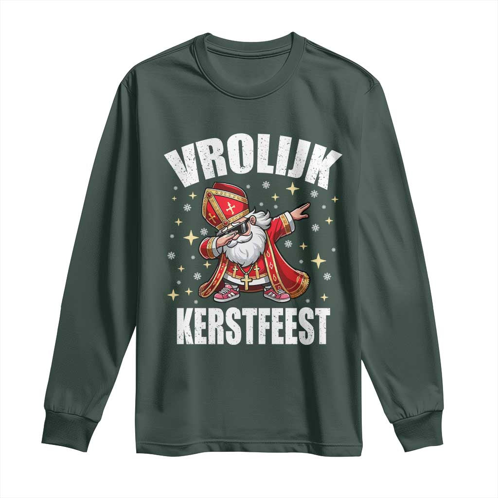 Dutch Christmas Long Sleeve Shirt Vrolijk Kerstfeest Dabiing Sinterklaas Santa TS11 Dark Forest Green Print Your Wear
