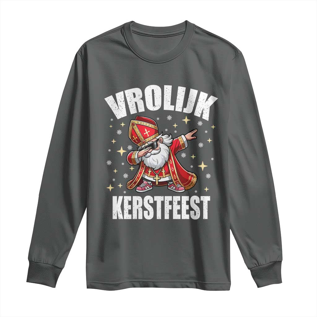 Dutch Christmas Long Sleeve Shirt Vrolijk Kerstfeest Dabiing Sinterklaas Santa TS11 Dark Heather Print Your Wear