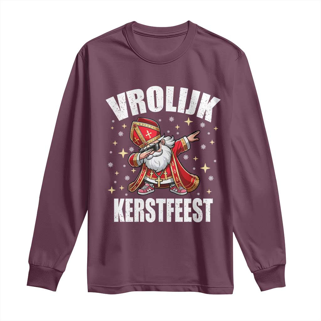 Dutch Christmas Long Sleeve Shirt Vrolijk Kerstfeest Dabiing Sinterklaas Santa TS11 Maroon Print Your Wear