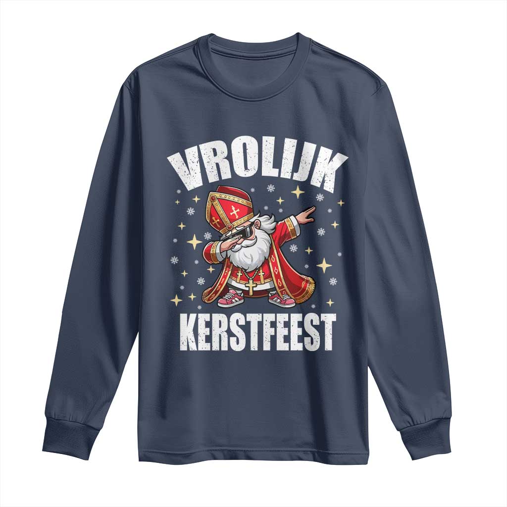 Dutch Christmas Long Sleeve Shirt Vrolijk Kerstfeest Dabiing Sinterklaas Santa TS11 Navy Print Your Wear