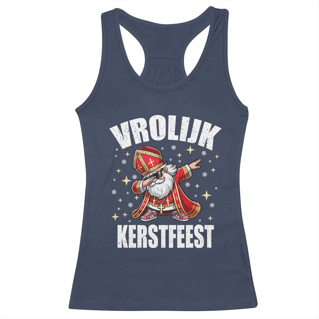 Dutch Christmas Racerback Tank Top Vrolijk Kerstfeest Dabiing Sinterklaas Santa TS11 Navy Print Your Wear