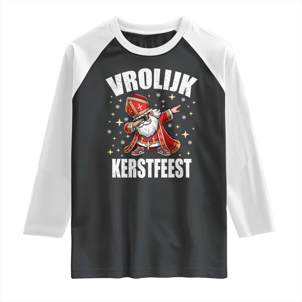 Dutch Christmas Raglan Shirt Vrolijk Kerstfeest Dabiing Sinterklaas Santa TS11 Black White Print Your Wear