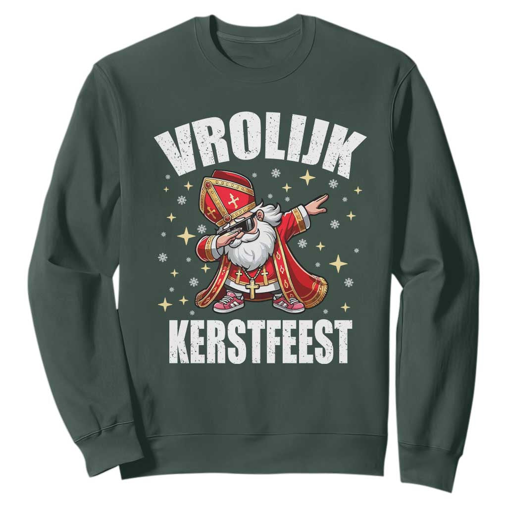 Dutch Christmas Sweatshirt Vrolijk Kerstfeest Dabiing Sinterklaas Santa TS11 Dark Forest Green Print Your Wear