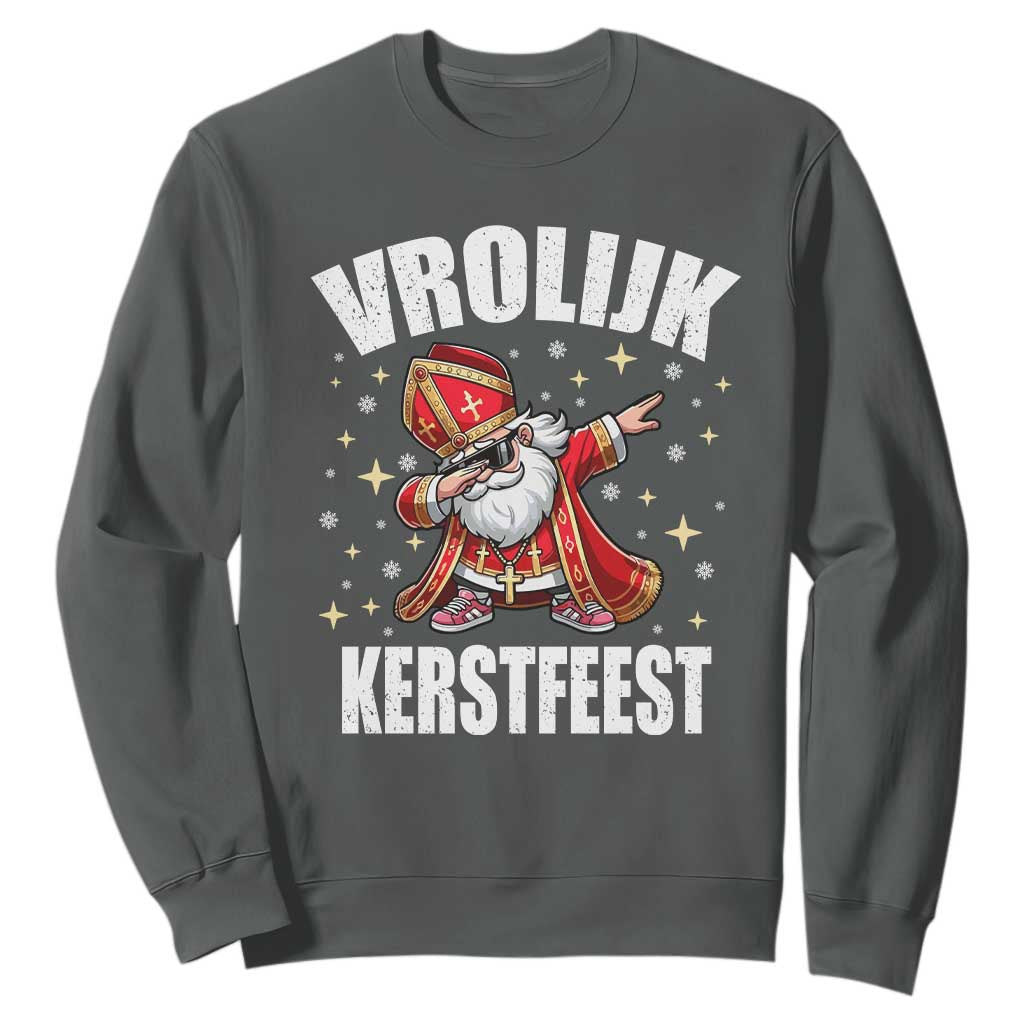 Dutch Christmas Sweatshirt Vrolijk Kerstfeest Dabiing Sinterklaas Santa TS11 Dark Heather Print Your Wear