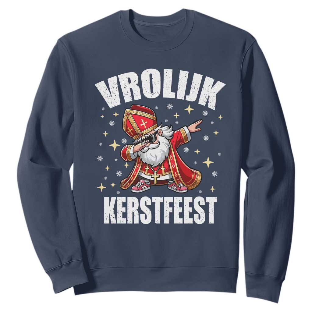 Dutch Christmas Sweatshirt Vrolijk Kerstfeest Dabiing Sinterklaas Santa TS11 Navy Print Your Wear