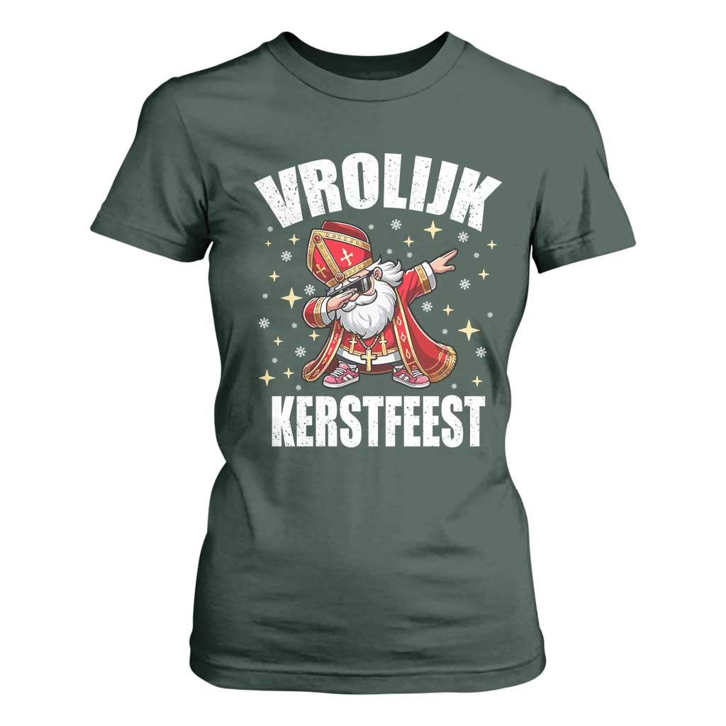 Dutch Christmas T Shirt For Women Vrolijk Kerstfeest Dabiing Sinterklaas Santa TS11 Dark Forest Green Print Your Wear