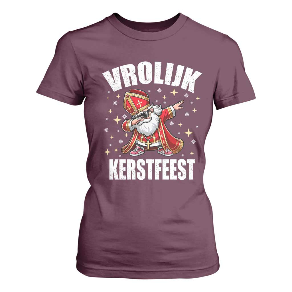 Dutch Christmas T Shirt For Women Vrolijk Kerstfeest Dabiing Sinterklaas Santa TS11 Maroon Print Your Wear
