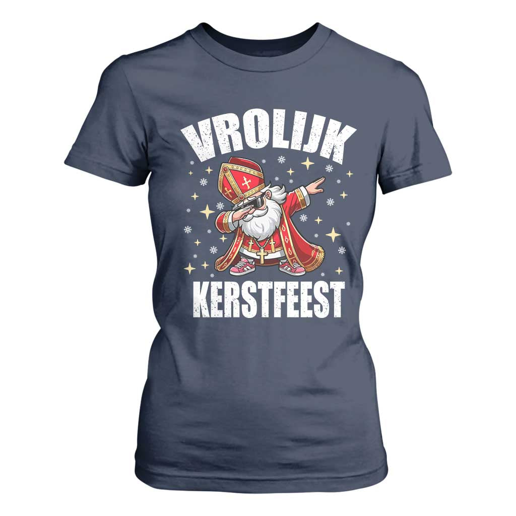 Dutch Christmas T Shirt For Women Vrolijk Kerstfeest Dabiing Sinterklaas Santa TS11 Navy Print Your Wear