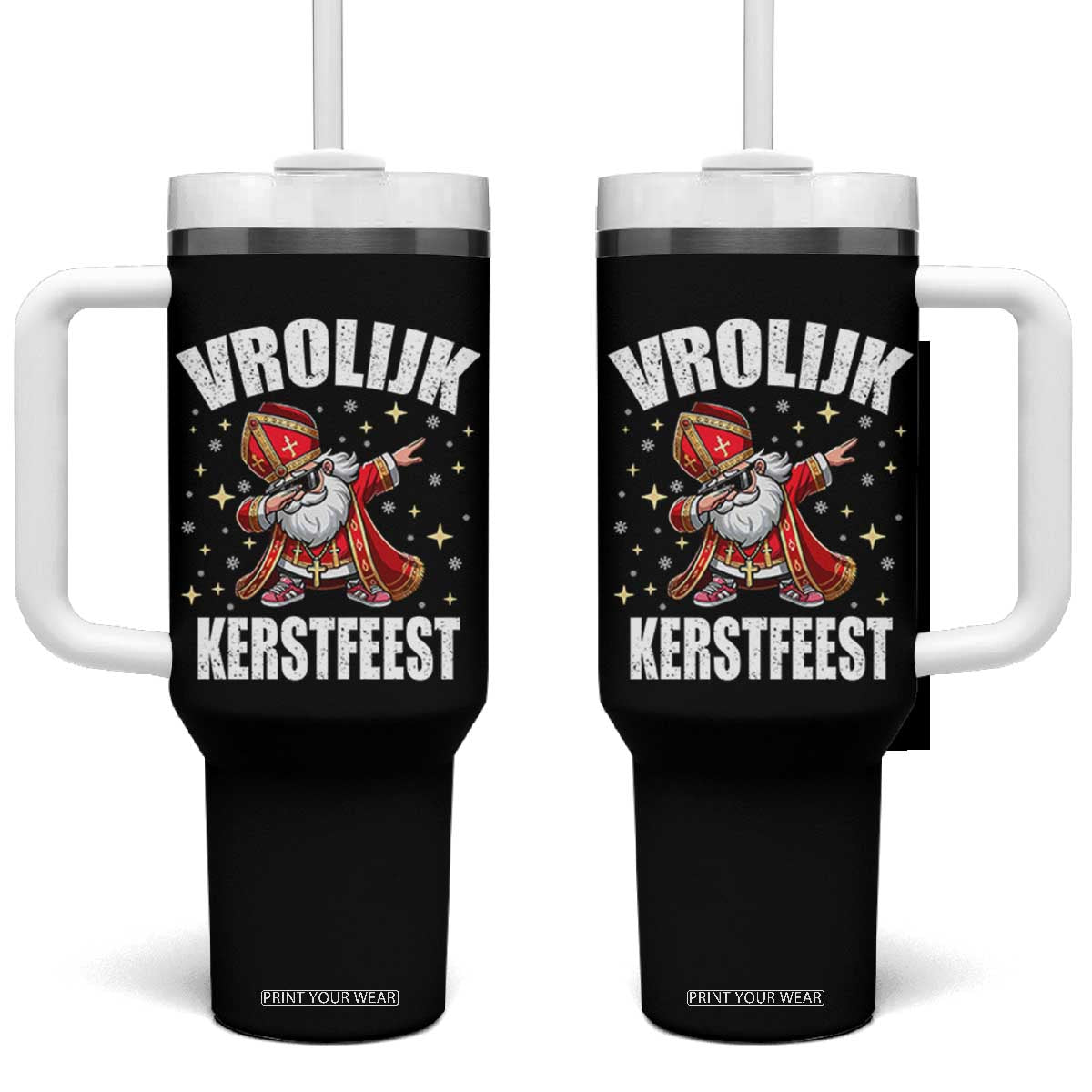Dutch Christmas Tumbler With Handle Vrolijk Kerstfeest Dabiing Sinterklaas Santa TS11 One Size: 40 oz Black Print Your Wear