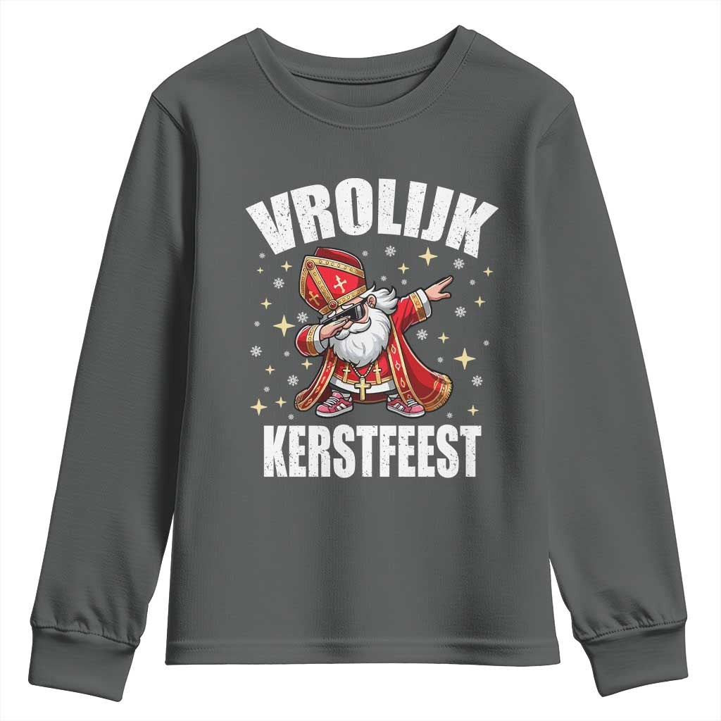Dutch Christmas Youth Sweatshirt Vrolijk Kerstfeest Dabiing Sinterklaas Santa TS11 Dark Heather Print Your Wear