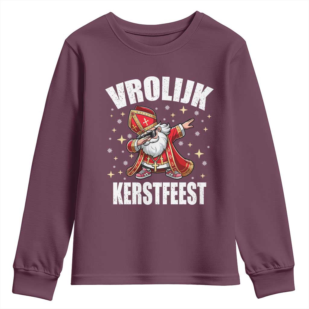 Dutch Christmas Youth Sweatshirt Vrolijk Kerstfeest Dabiing Sinterklaas Santa TS11 Maroon Print Your Wear