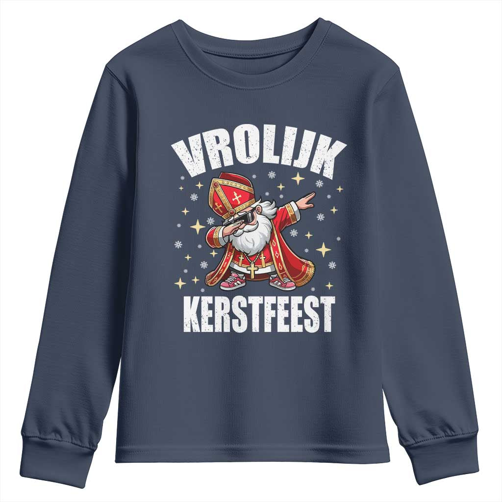 Dutch Christmas Youth Sweatshirt Vrolijk Kerstfeest Dabiing Sinterklaas Santa TS11 Navy Print Your Wear