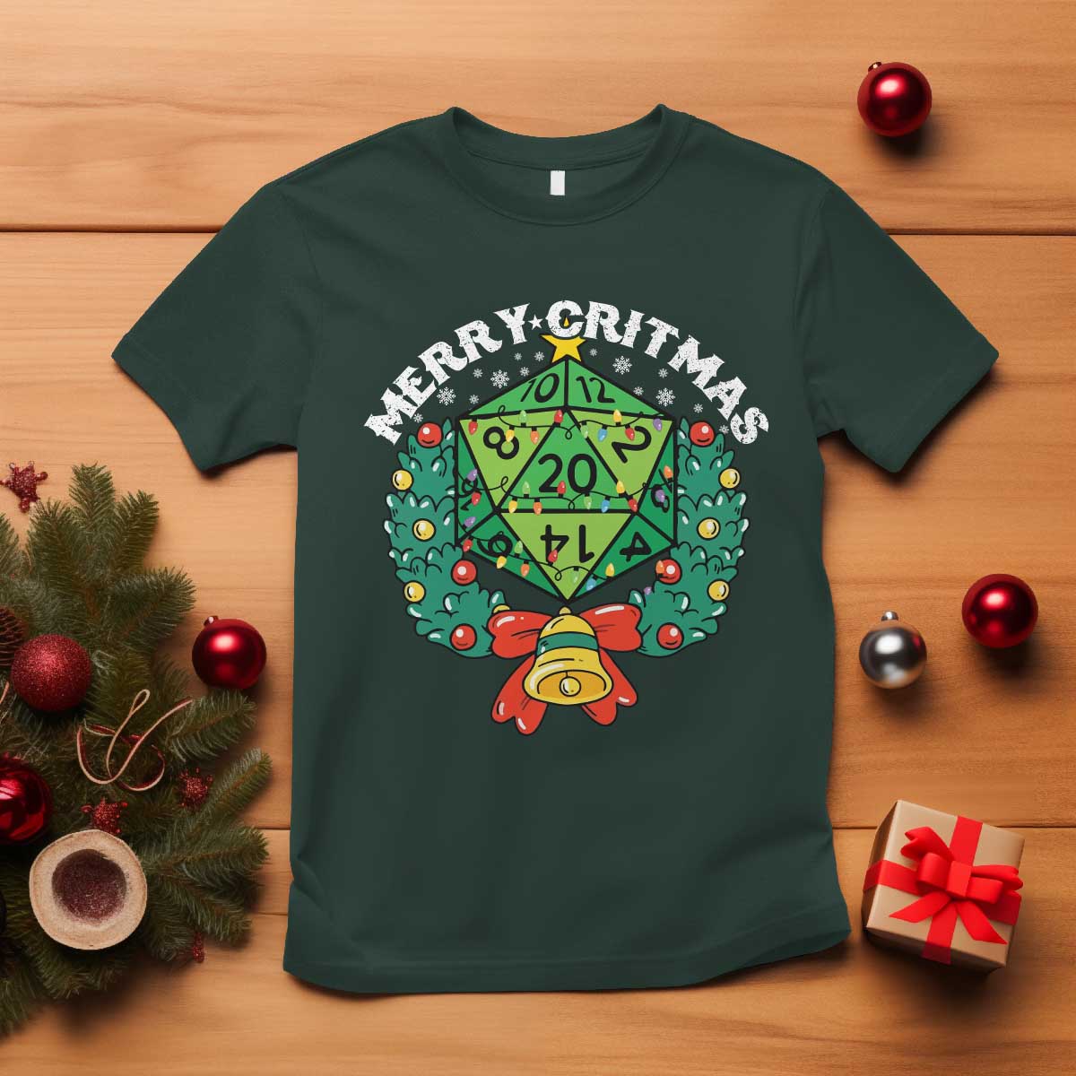 Funny Christmas RPG T Shirt Merry Critmas D20 RPG Gamer Dice Gaming Xmas TS11 Dark Forest Green Print Your Wear
