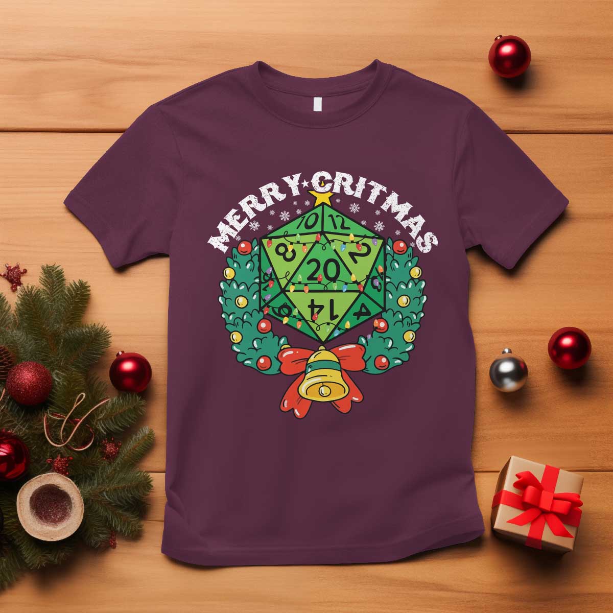 Funny Christmas RPG T Shirt Merry Critmas D20 RPG Gamer Dice Gaming Xmas TS11 Maroon Print Your Wear